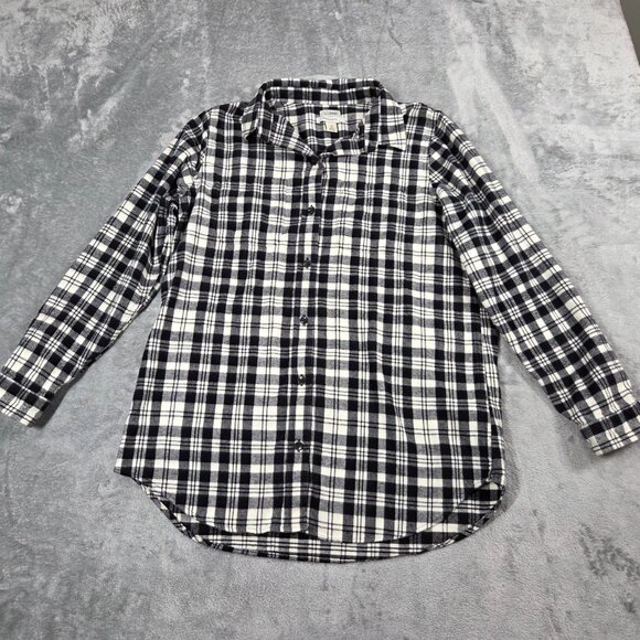 LL Bean Shirt Womens Medium Black White Scotch Plaid Flannel Tunic Preppy - Picture 1 of 6